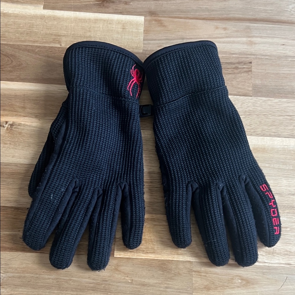 Spyder Black Knit Gloves with Red Logo Accents